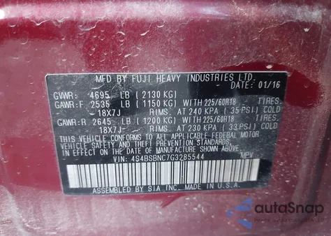 2016 Subaru Outback 2.5I Limited z USA, uszkodzony, nr VIN 4S4BSBNC7G3285544